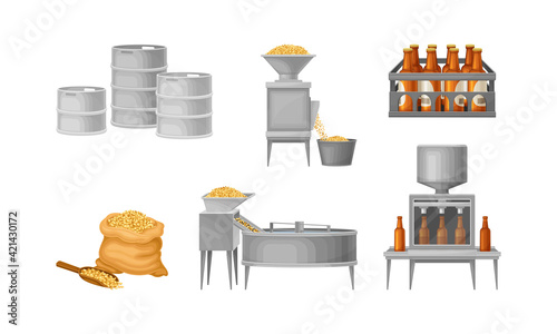 Beer Brewing Process with Steeping Cereal Grains and Bottling Vector Set