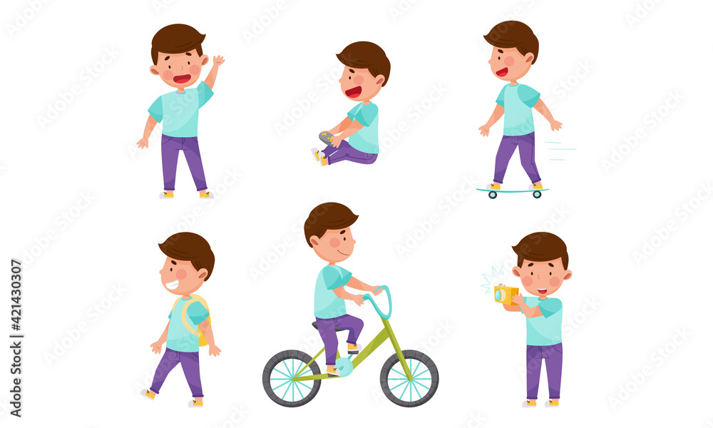 Little Boy Character Engaged in Computer Game Playing, Skateboarding and Cycling Vector Illustration Set Little Boy Character Engaged in Computer Game Playing, Skateboarding and Cycling Vector Illustration Set