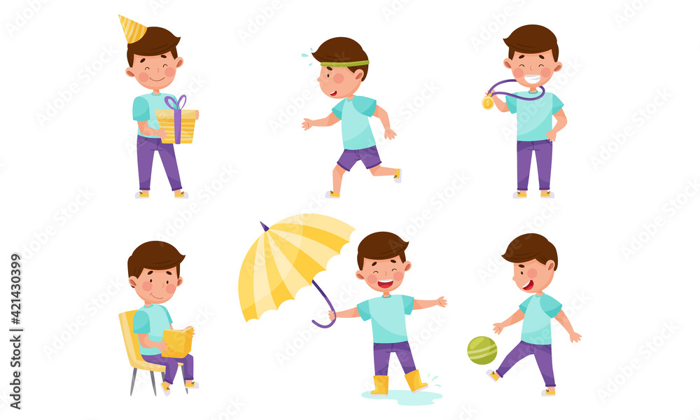Little Boy Character Engaged in Reading Book, Playing Ball and Running Vector Illustration Set Little Boy Character Engaged in Reading Book, Playing Ball and Running Vector Illustration Set
