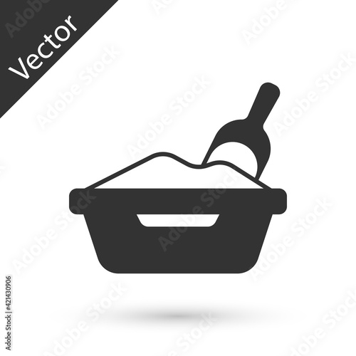 Grey Cat litter tray with shovel icon isolated on white background. Sandbox cat with shovel. Vector