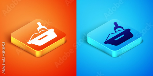 Isometric Cat litter tray with shovel icon isolated on orange and blue background. Sandbox cat with shovel. Vector
