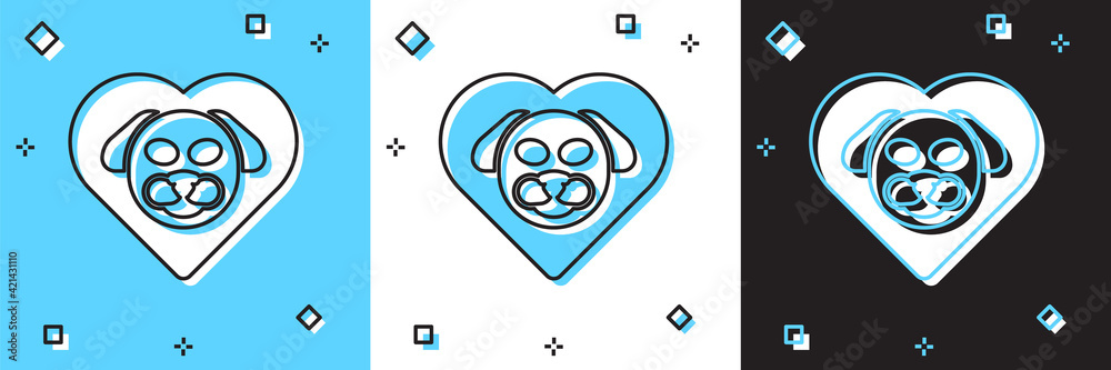 Set Heart with dog icon isolated on blue and white, black background. Pet paw in heart. Love to the animals. Vector Set Heart with dog icon isolated on blue and white, black background. Pet paw in heart. Love to the animals. Vector