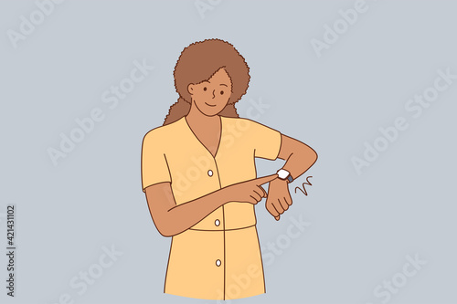 Deadline, being late, impatience concept. Young beautiful african american girl wearing casual dress standing In hurry pointing to watch time feeling displeased vector illustration 
