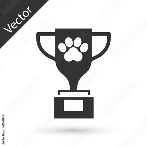 Grey Pet award symbol icon isolated on white background. Medal with dog footprint as pets exhibition winner concept. Vector