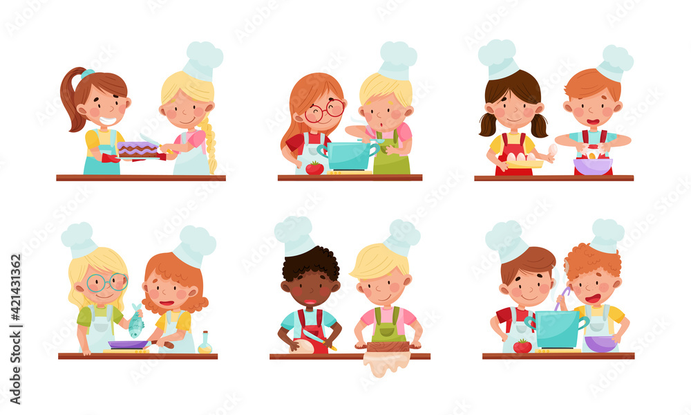 Happy Boy and Girl Chef Characters Wearing Apron and Hat Cooking Pizza and Boiling Soup Together Vector Set