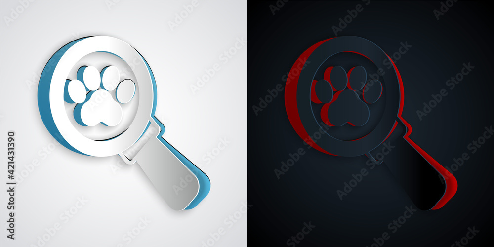 Paper cut Veterinary clinic symbol icon isolated on grey and black background. Cross hospital sign. Stylized paw print dog or cat. Pet First Aid sign. Paper art style. Vector