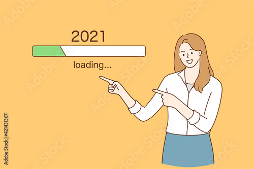 Anticipation, Waiting for better 2021 New year concept. Joyful young pretty woman pointing with finger at 2021 downloading process over yellow background awaiting for better news vector illustration 