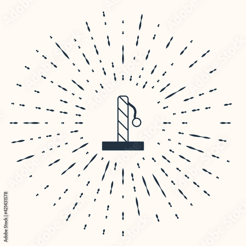 Grey Cat scratching post with toy icon isolated on beige background. Abstract circle random dots. Vector