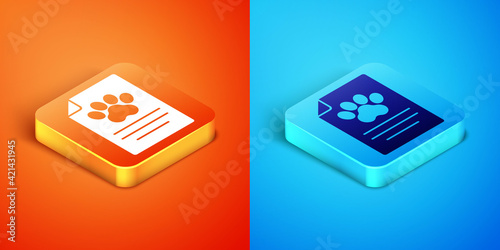 Isometric Clipboard with medical clinical record pet icon isolated on orange and blue background. Health insurance form. Medical check marks report. Vector