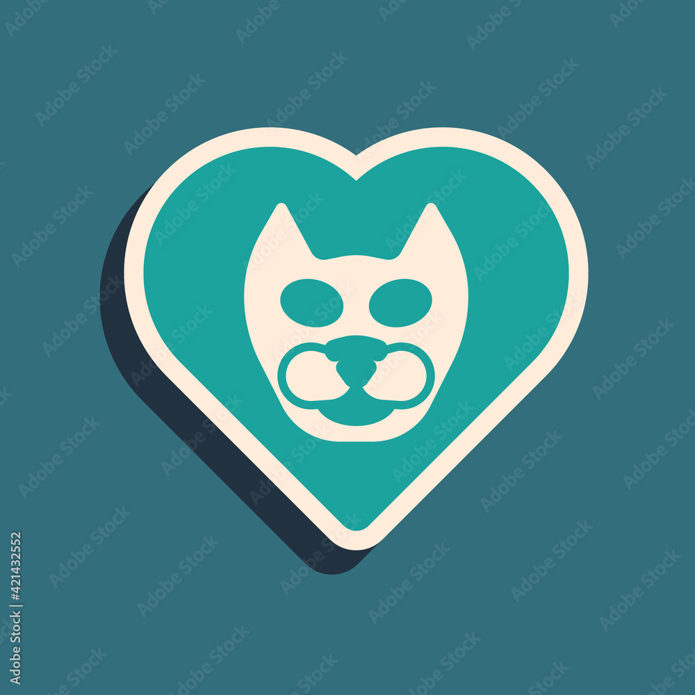 Green Heart with cat icon isolated on green background. Love to the animals. Long shadow style. Vector Green Heart with cat icon isolated on green background. Love to the animals. Long shadow style. Vector