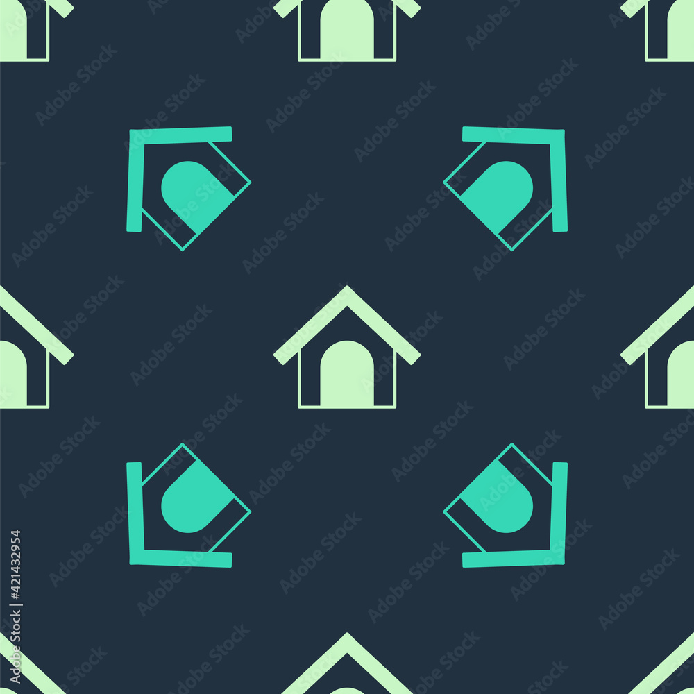 Green and beige Dog house icon isolated seamless pattern on blue background. Dog kennel. Vector Green and beige Dog house icon isolated seamless pattern on blue background. Dog kennel. Vector