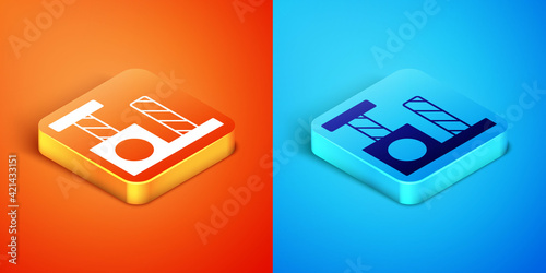 Isometric Cat scratching post with toy icon isolated on orange and blue background. Vector