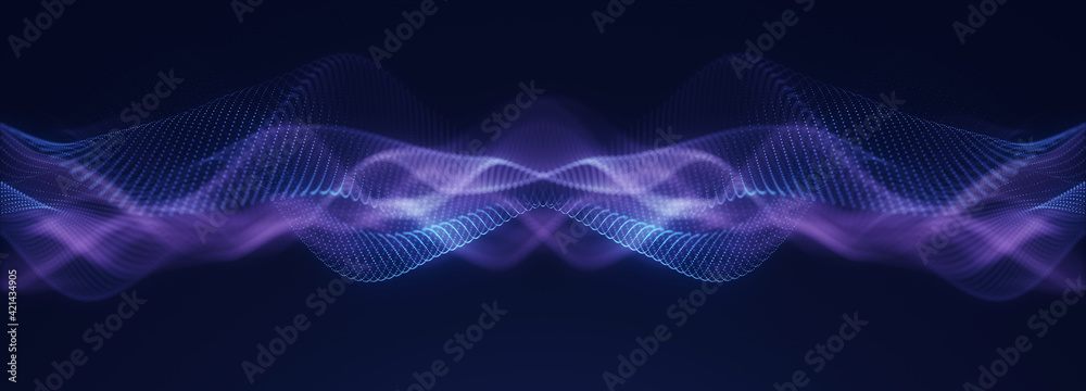 Fototapeta premium Abstract colorful digital particles wave with bokeh and light background, 3d render wave line dot background, line wave light glowing effect particular background.