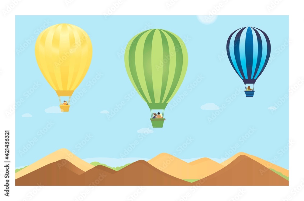 Obraz premium People fly in a hot air balloon over the mountains. Balloon Festival vector flat illustration. A romantic story of a summer trip