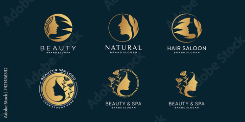 Set of beauty logo collection for woman, spa, saloon, with golden style Premium Vector