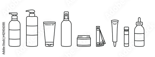 Thin line icon for hair care industry.  Hair care products collection. Icons of shampoo, balsam, hair mask, hair scaler, tonic, powder, oil.