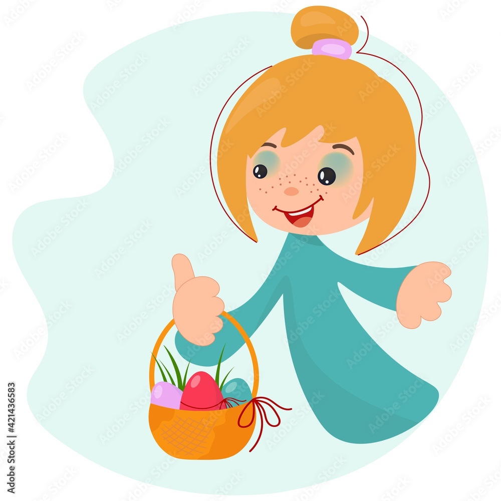 Cheerful happy little girl carries a basket with colored easter eggs. Baby rejoices on the bright Day of Easter.Vector isolated illustration for the spring holiday Easter. EPS 10. Cheerful happy little girl carries a basket with colored easter eggs. Baby rejoices on the bright Day of Easter.Vector isolated illustration for the spring holiday Easter. EPS 10.