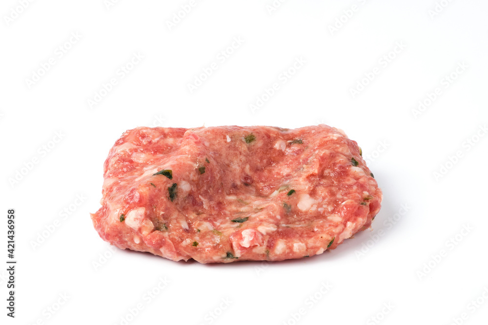 Close-up of homemade traditional turkish cutlet kofte isolated on white. Cutlet made of beef mince meat and spices. Traditional turkish cuisine dish kofte Close-up of homemade traditional turkish cutlet kofte isolated on white. Cutlet made of beef mince meat and spices. Traditional turkish cuisine dish kofte