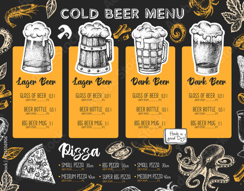 Restaurant beer menu design. Decorative sketch of beer and seafood snack. Fast food menu