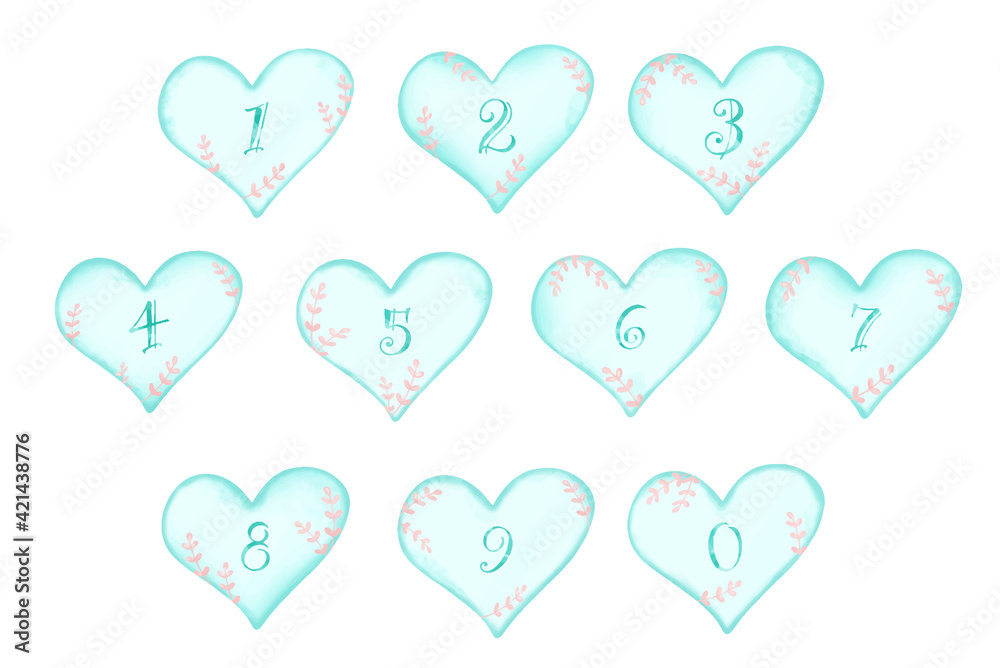 Vector - Digital watercolor painting of number in blue heart shape with pink leaves. 