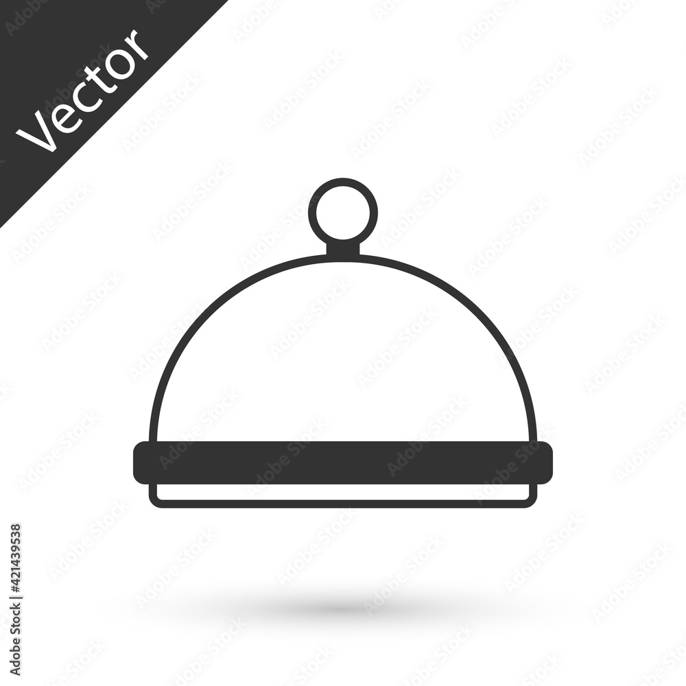 Grey Covered with a tray of food icon isolated on white background. Tray and lid sign. Restaurant cloche with lid. Kitchenware symbol. Vector Grey Covered with a tray of food icon isolated on white background. Tray and lid sign. Restaurant cloche with lid. Kitchenware symbol. Vector