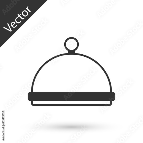Grey Covered with a tray of food icon isolated on white background. Tray and lid sign. Restaurant cloche with lid. Kitchenware symbol. Vector