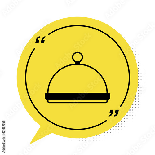 Black Covered with a tray of food icon isolated on white background. Tray and lid sign. Restaurant cloche with lid. Kitchenware symbol. Yellow speech bubble symbol. Vector
