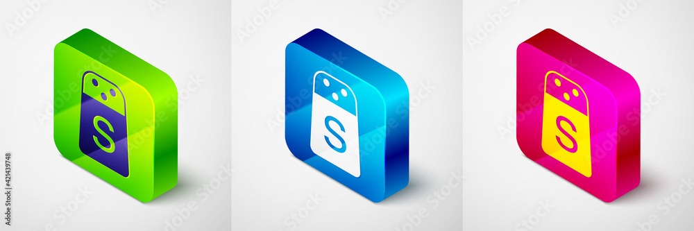 Isometric Salt icon isolated on grey background. Cooking spices. Square button. Vector Isometric Salt icon isolated on grey background. Cooking spices. Square button. Vector