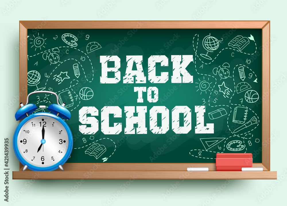 Back to school vector banner template. Back to school text in chalkboard background with education supplies drawing elements for educational activity design. Vector illustration
Back to school vector banner template. Back to school text in chalkboard background with education supplies drawing elements for educational activity design. Vector illustration