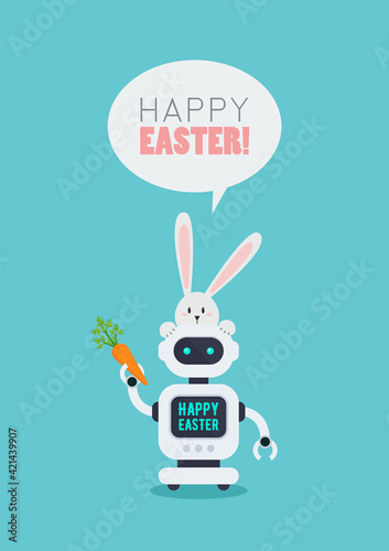 Easter Poster of rabbit with Chatbot holding carrot