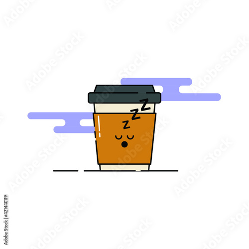 Cute Illustration of a cup of coffee with sleep face. morning routine. breakfast. wake up.  modern simple food vector icon, flat graphic symbol in trendy flat design style.
