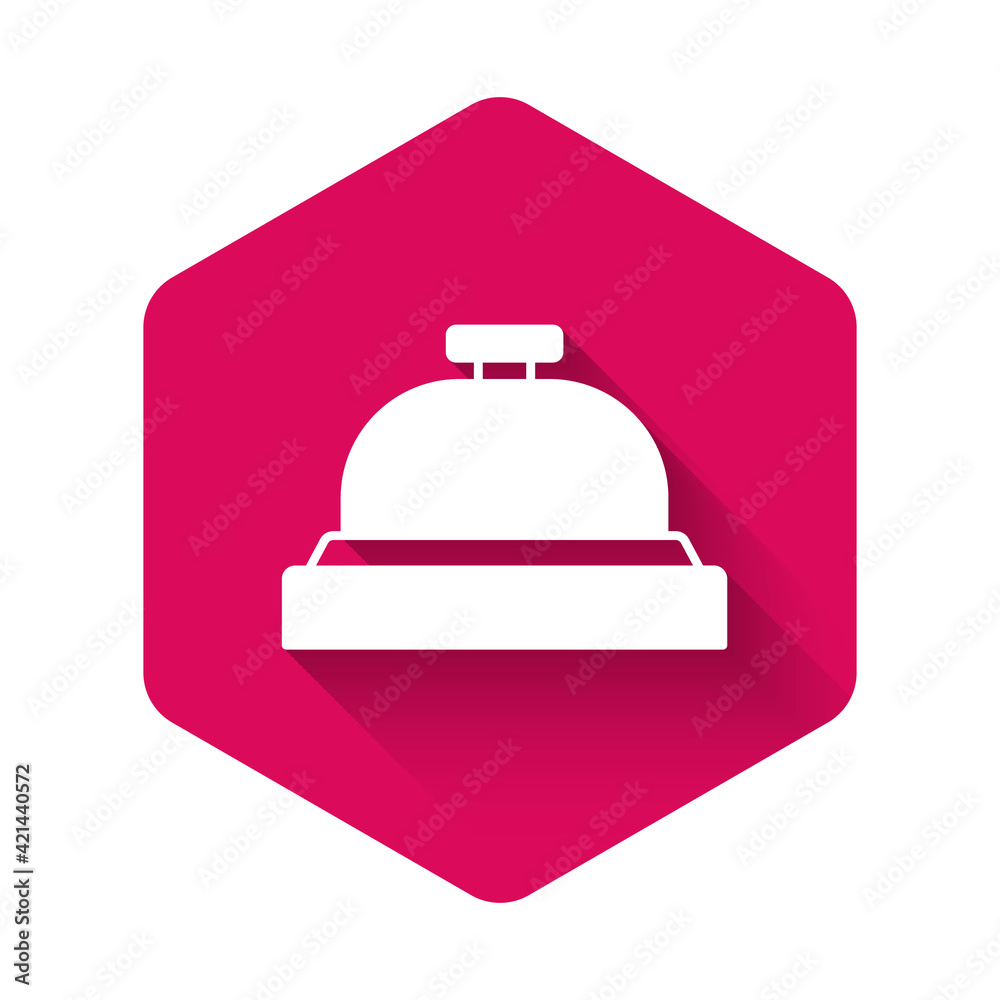 White Hotel service bell icon isolated with long shadow background. Reception bell. Pink hexagon button. Vector White Hotel service bell icon isolated with long shadow background. Reception bell. Pink hexagon button. Vector