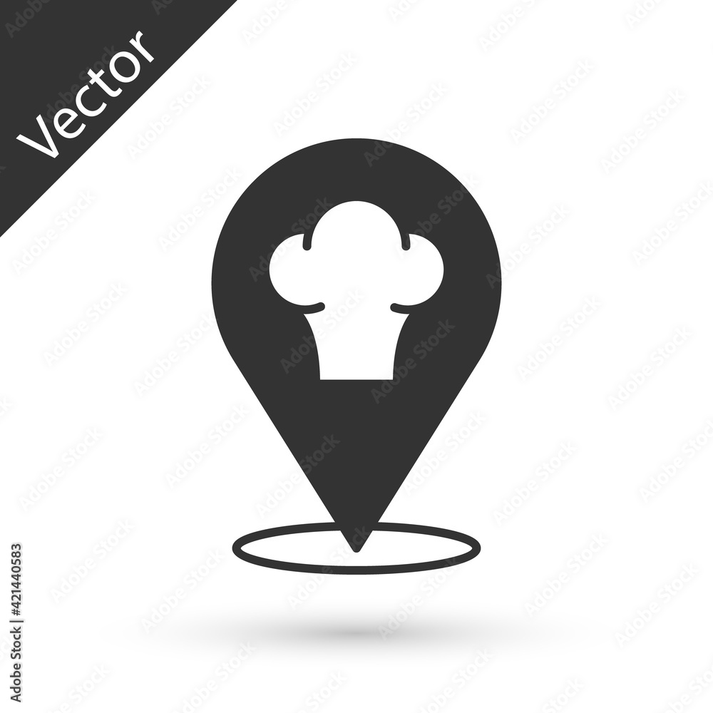 Grey Chef hat with location icon isolated on white background. Cooking symbol. Cooks hat. Vector Grey Chef hat with location icon isolated on white background. Cooking symbol. Cooks hat. Vector
