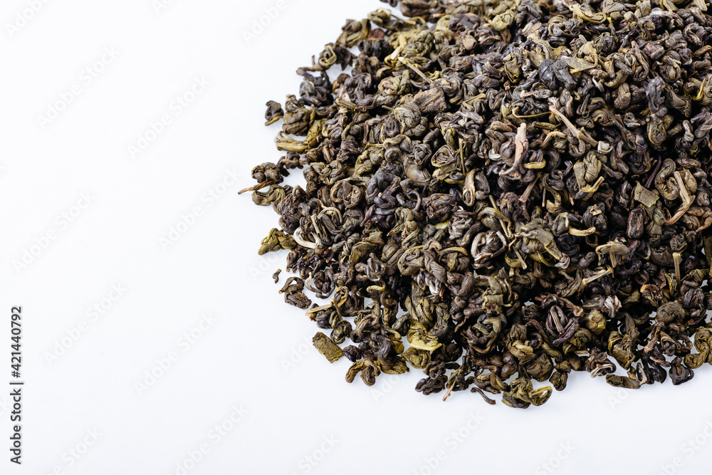 Green tea with jasmine on white background. Top view. Close up. High resolution Green tea with jasmine on white background. Top view. Close up. High resolution