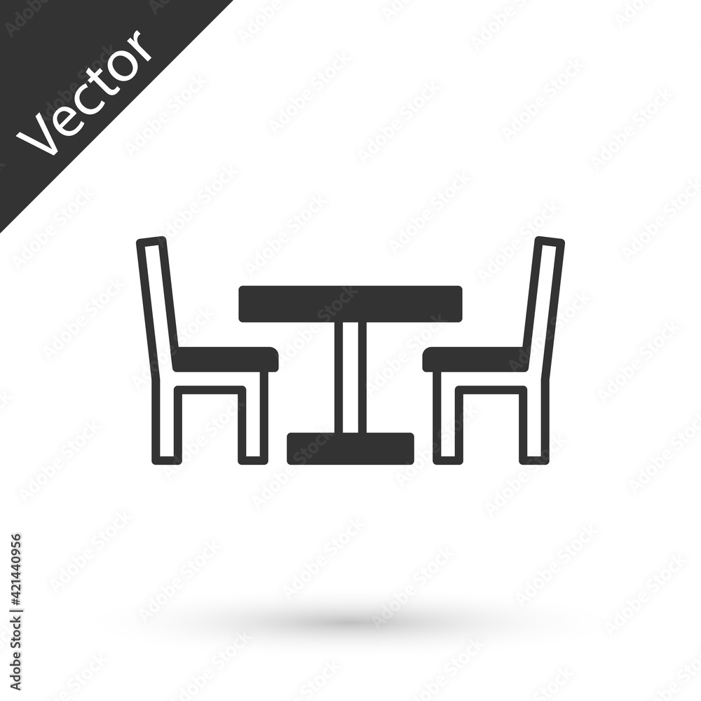 Grey Wooden table with chair icon isolated on white background. Street cafe. Vector