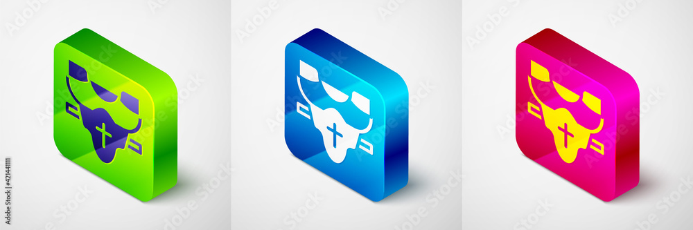 Isometric American football player chest protector icon isolated on grey background. Shoulder and chest protection for upper body. Team sports. Square button. Vector