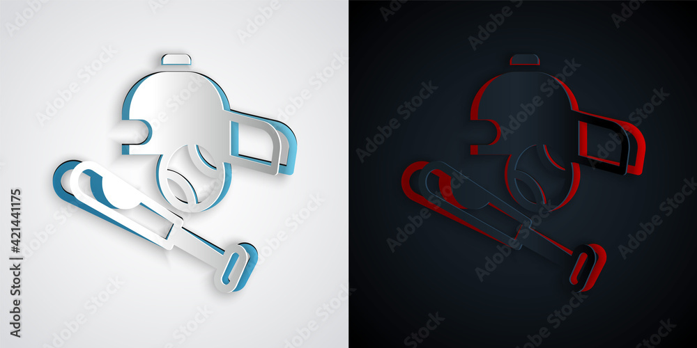 Paper cut Baseball bat with ball, hat icon isolated on grey and black background. Paper art style. Vector Paper cut Baseball bat with ball, hat icon isolated on grey and black background. Paper art style. Vector