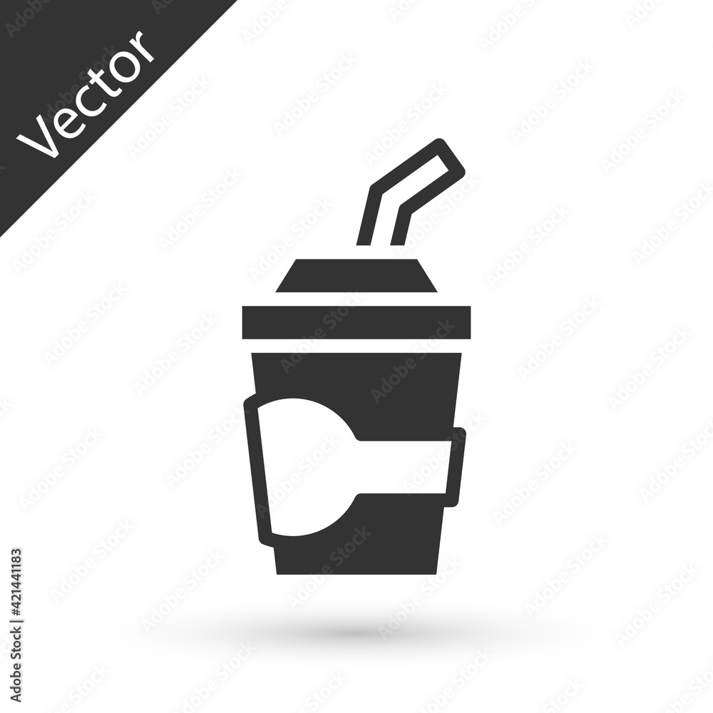 Grey Paper glass with drinking straw and water icon isolated on white background. Soda drink glass. Fresh cold beverage symbol. Vector Grey Paper glass with drinking straw and water icon isolated on white background. Soda drink glass. Fresh cold beverage symbol. Vector
