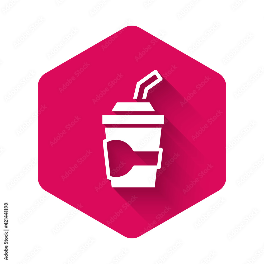 White Paper glass with drinking straw and water icon isolated with long shadow background. Soda drink glass. Fresh cold beverage symbol. Pink hexagon button. Vector