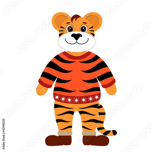 Fototapeta Naklejka Na Ścianę i Meble -  Cartoon tiger in winter clothes vector illustration. Symbol of 2022.