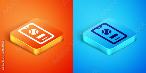 Isometric Smartphone with baseball ball on the screen icon isolated on orange and blue background. Online baseball game for mobile phone. Vector