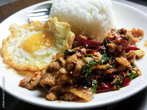 Stir-fried pork and basil and fried egg with steamed rice in a white dish