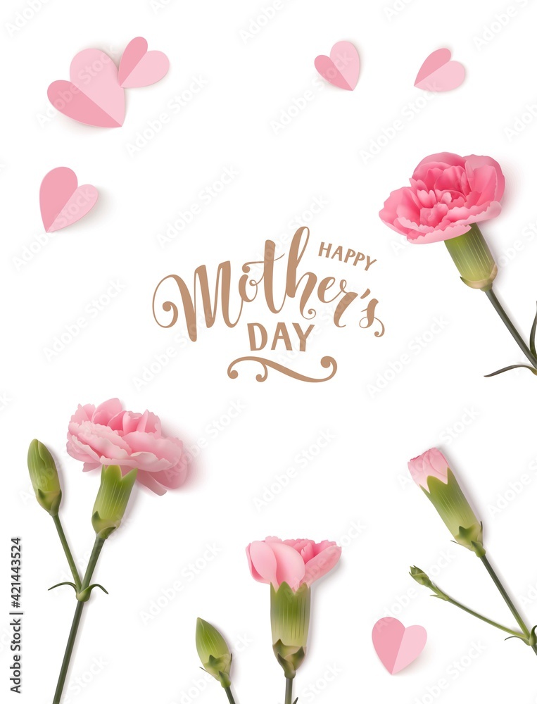 Happy Mothers day. Calligraphic greeting text. Holiday design template with realistic pink carnation flowers and paper hearts. Vector stock illustration