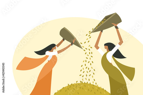 Illustration of women do winnowing rice grains after harvest