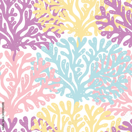Vector blue purple pink yellow coral tree hand drawn seamless pattern print background.