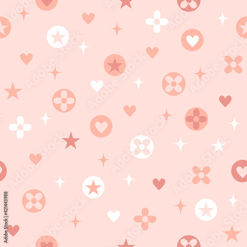Pink cute seamless pattern with star heart flower and shine symbol.