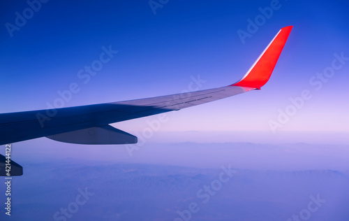 Wing of an airplane. Photo applied to tourism operators and fast and efficient transportation. picture for add text message or art work frame website. Traveling concept.