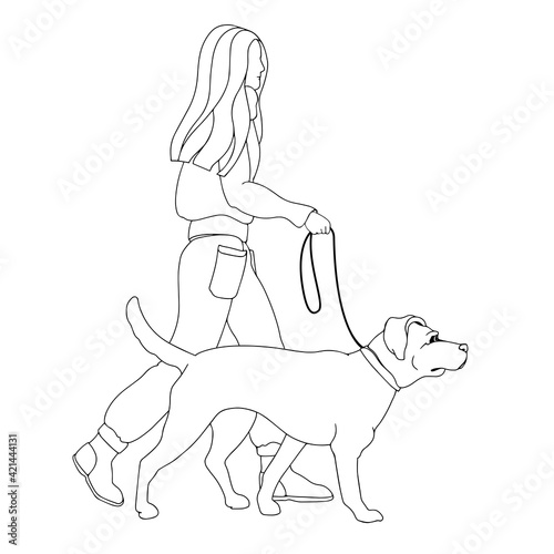 Dog walking. Dog sitter. Girl leads a pet. Linear. Vector.