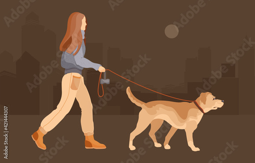 Dog walking. Dog sitter. Young girl leads a pet. Vector.