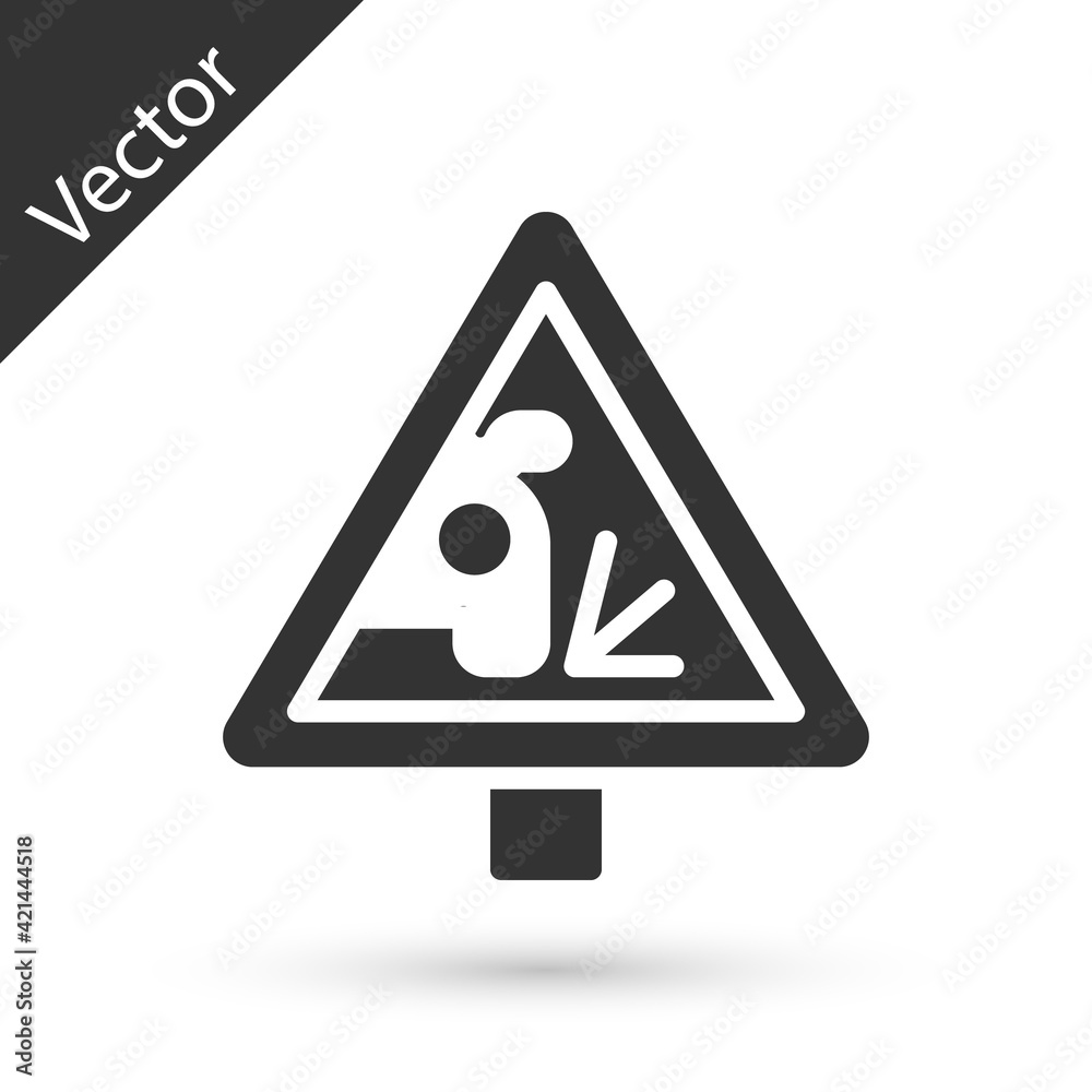Grey Warning road sign throwing stone materials icon isolated on white background. Traffic rules and safe driving. Vector Grey Warning road sign throwing stone materials icon isolated on white background. Traffic rules and safe driving. Vector
